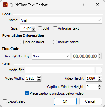 &nbsp;QuickTime Text Export Settings