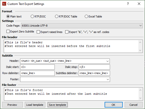 &nbsp;Custom Text export configuration