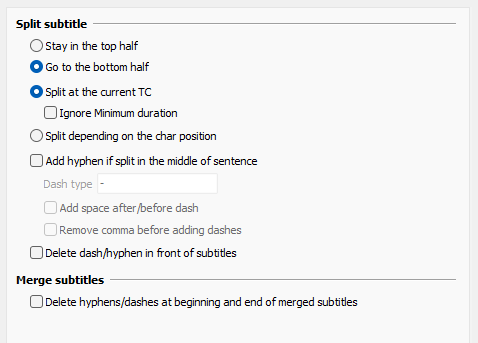 Options for Split subtitles Options for Split subtitles