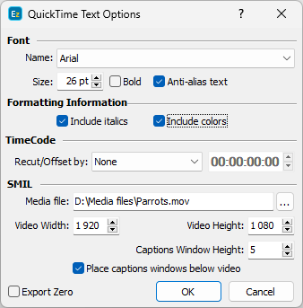 &nbsp;QuickTime Text Export Settings
