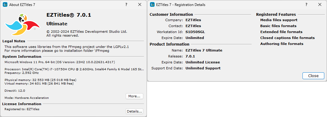 EZTitles About dialog EZTitles About dialog