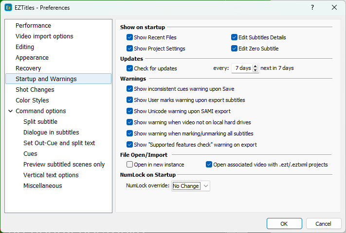 &nbsp;Preferences - Startup and Warnings