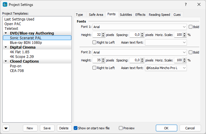 &nbsp;Project Properties – Fonts Page (Native mode)