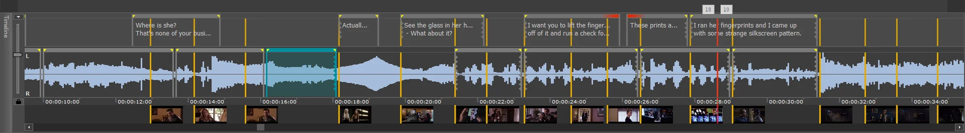 screenshot of the timeline in EZTitles with markers and text explaining the timeline features
